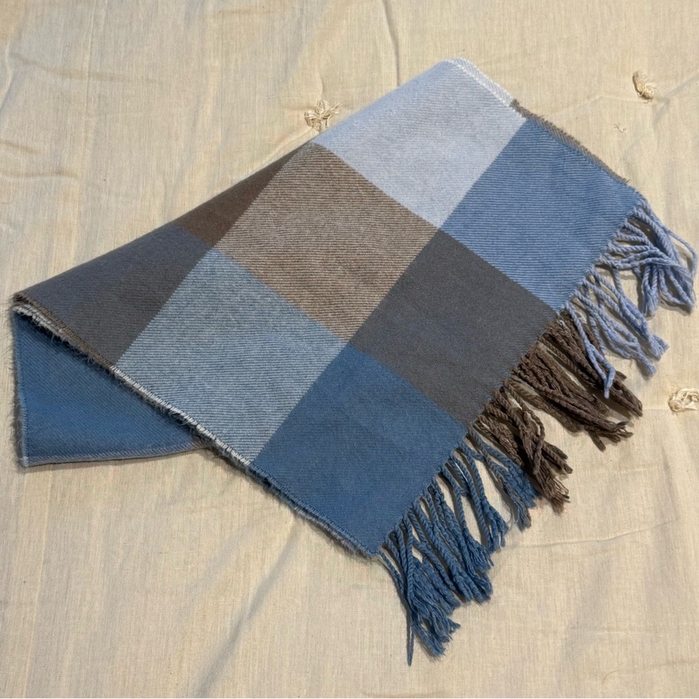 Plaid 100% Cashmere Fringe Scarf, Blue and Brown